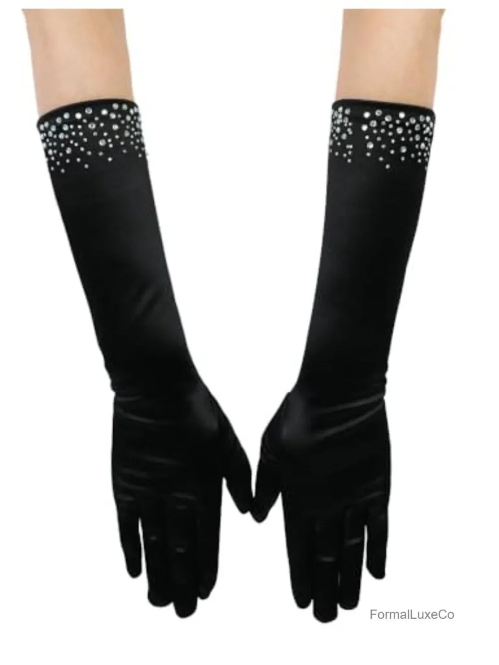 Long Rhinestone Satin Opera Party Gloves Beaded Elbow Length Women's Gloves